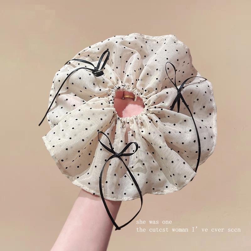 Elegant Retro Black & White Polka Dot Bow Hair Tie with Double-Layer Design