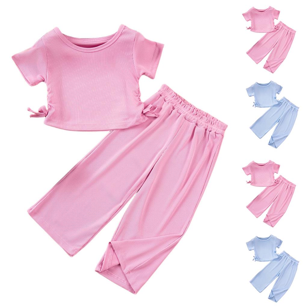 Girls' Sweet Drawstring Set - Short Sleeve Top & Pants Outfit