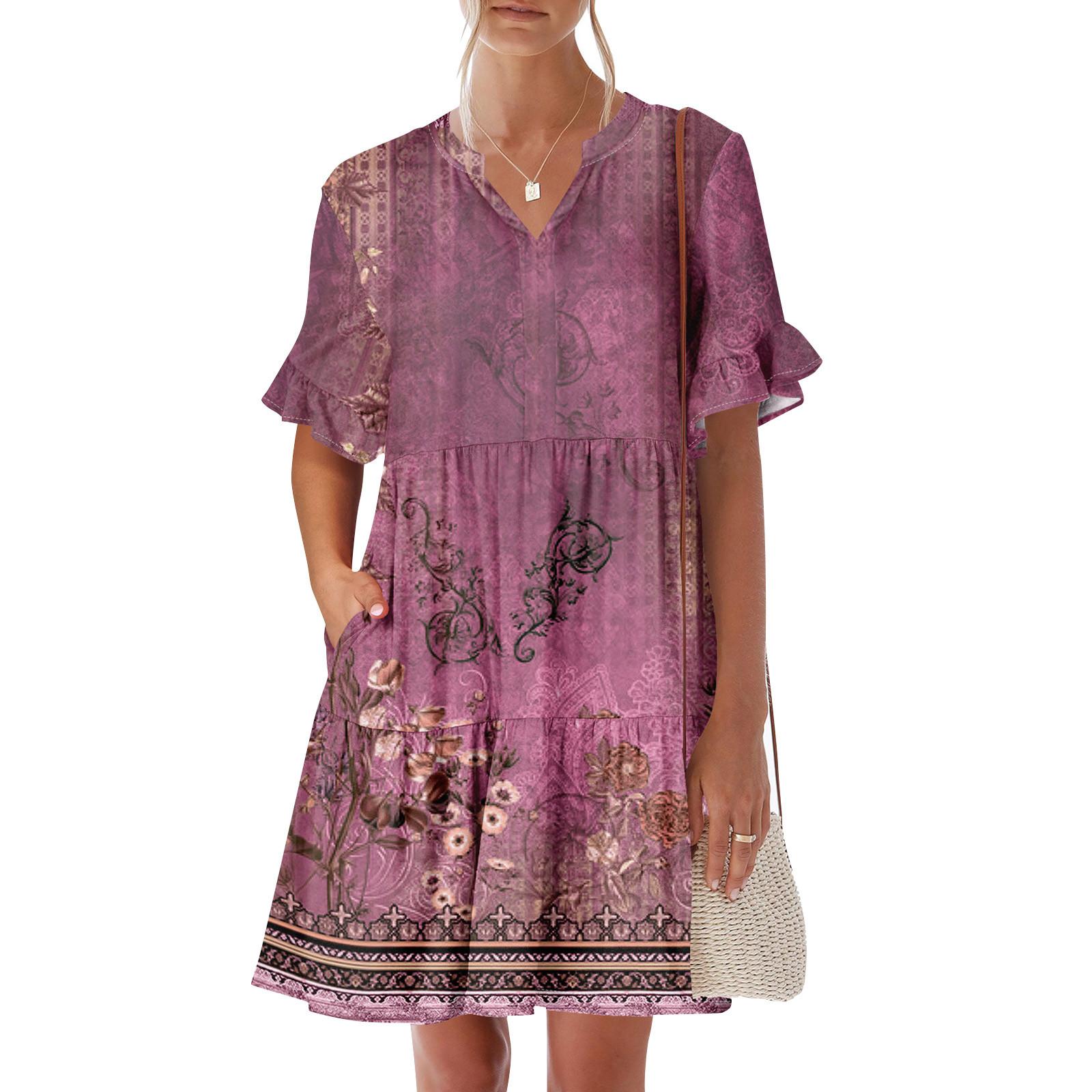 

Женское летнее платье с коротким рукавом и V-образным вырезом, короткие платья, модное повседневное струящееся платье в стиле бохо с оборками и карманами M