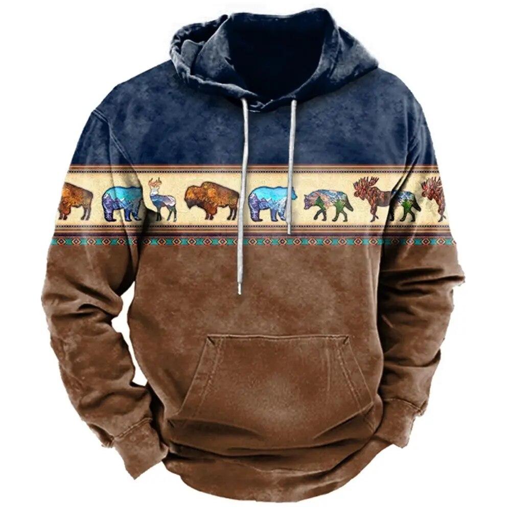 Christmas Men's Hoodie Retro Indian Animal Pattern Cowboy Style Casual Fashion Hooded Sweatshirt Unisex Harajuku Oversized Top