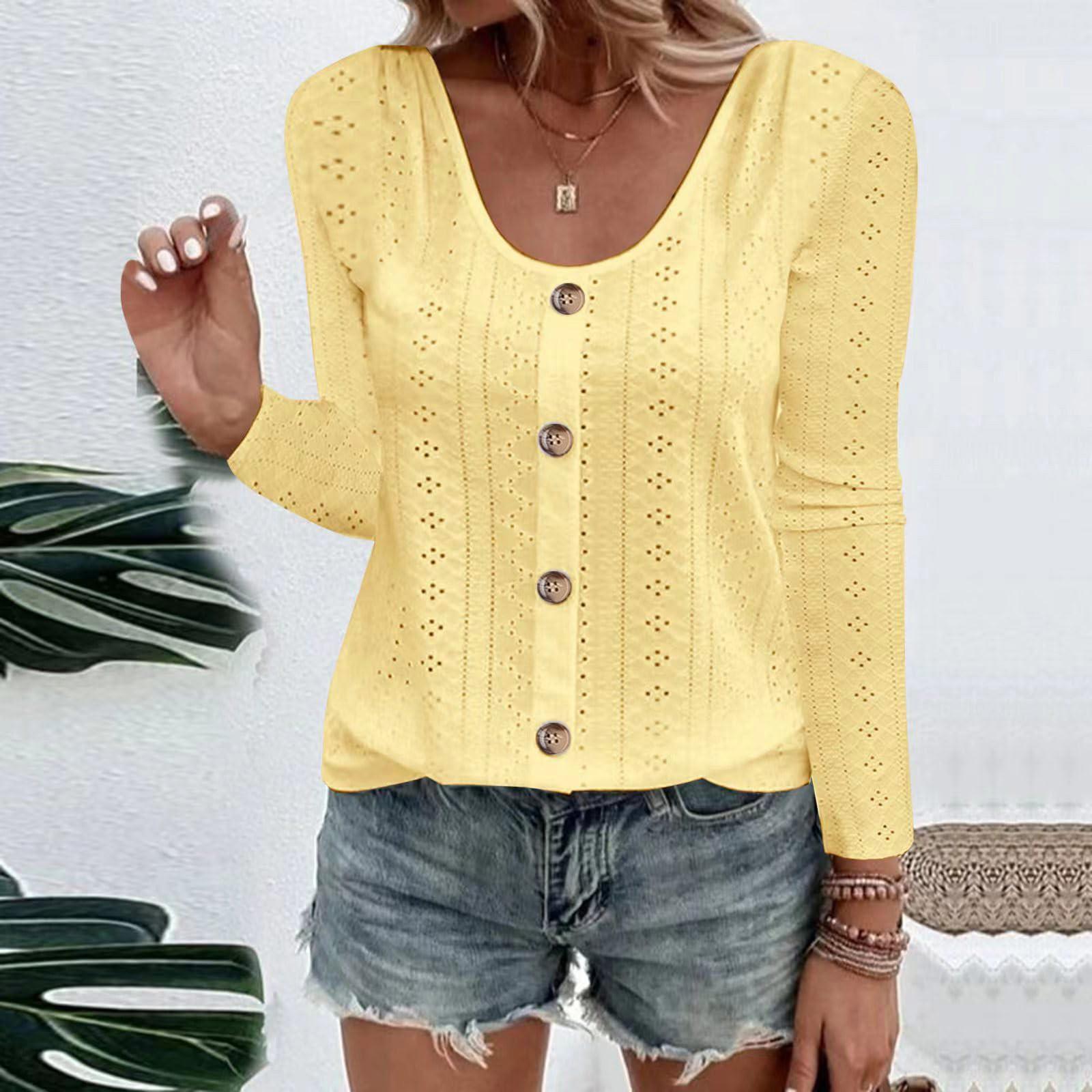 

Жіноча повсякденна вільна однобортна футболка з круглим вирізом і довгими рукавами XL жовтий