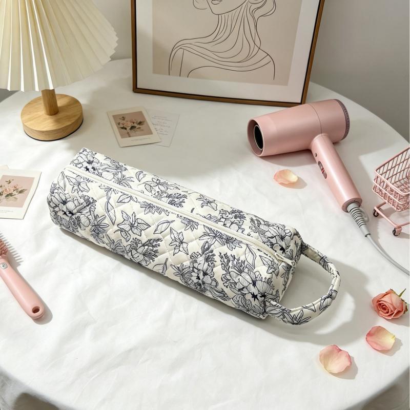Quilted Hair Dryer Storage Bag With Cute Floral Print Portable Handle Large Capacity Carrying Case For Travel Bathroom Organizer