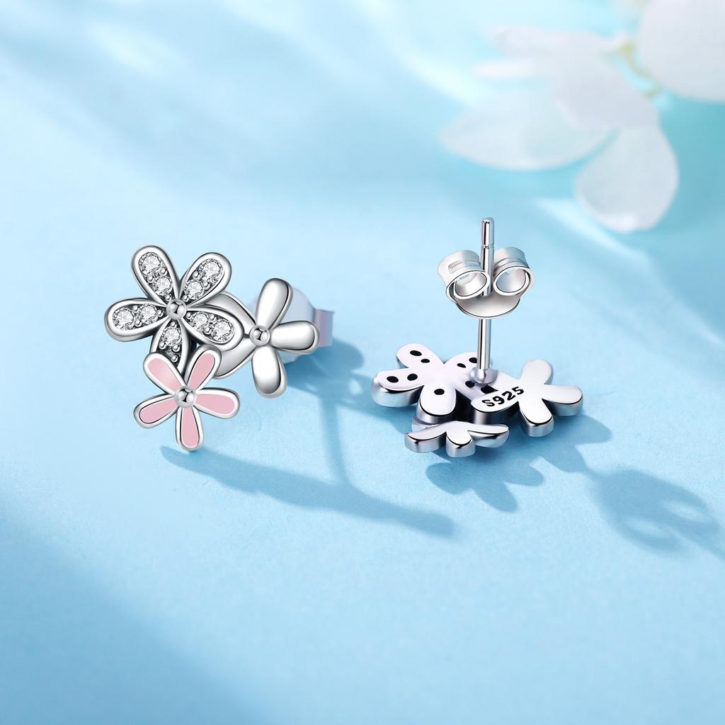S925 Silver Pink Daisy Flower Stud Earrings For Lady S925 Jewelry Party Anniversary Trendy Gifts