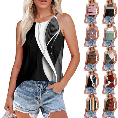 Damen Sommer Tank Tops Plissee O-Ausschnitt Druck Casual Top Tank Tops Für Frauen Loose Fit Ärmellose Shirts