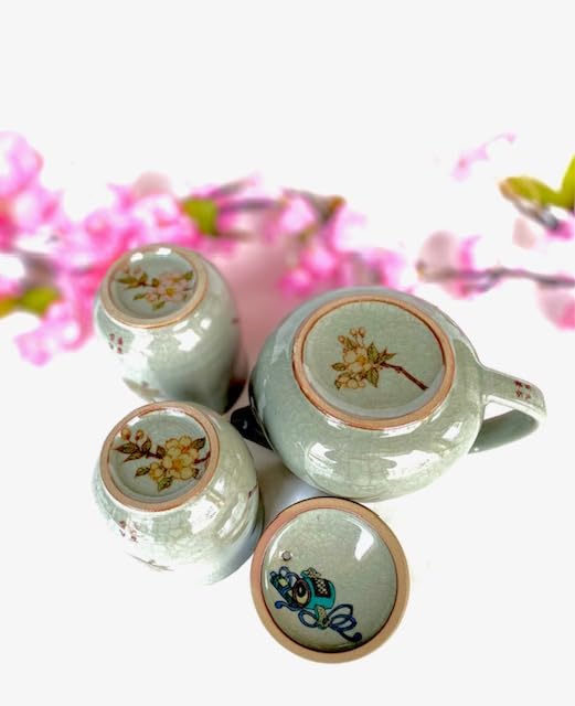 Hyakukaen Kutani Tea Set Large Weeping Cherry Blossom Design 350ml Ceramic Teapot (3-Piece Set) - (Backside Picture) -