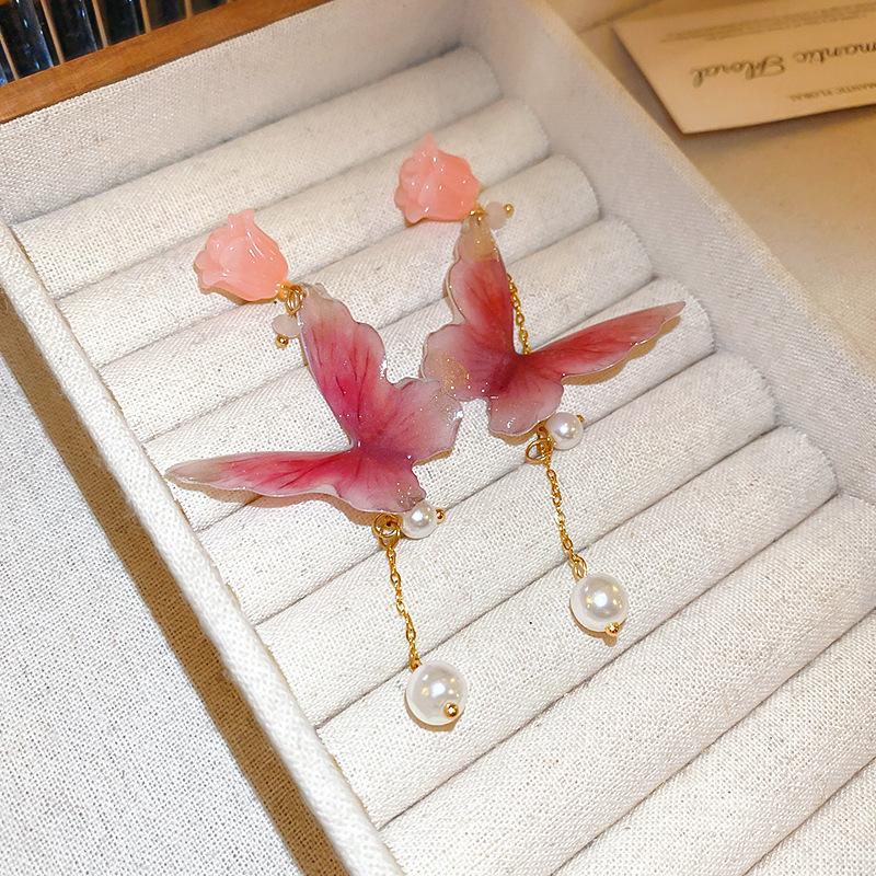 Pink resin flower butterfly pearl fringed earrings fashion stud earrings light luxury high temperament earrings women