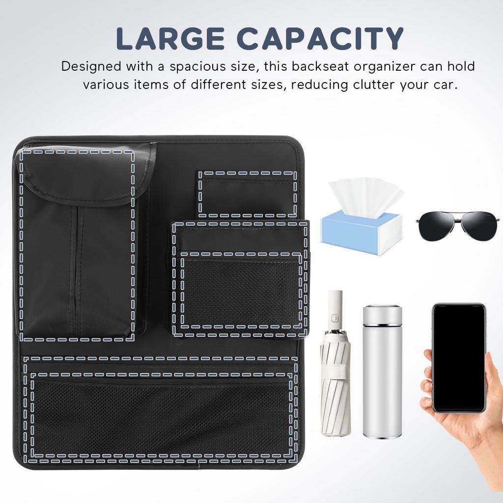 POPETPOP Car Seat Back Pocket, Multifunctional Car Seat Storage, Large Capacity, 6 Storage Areas, PU Material, 39*34cm, No Installation Required