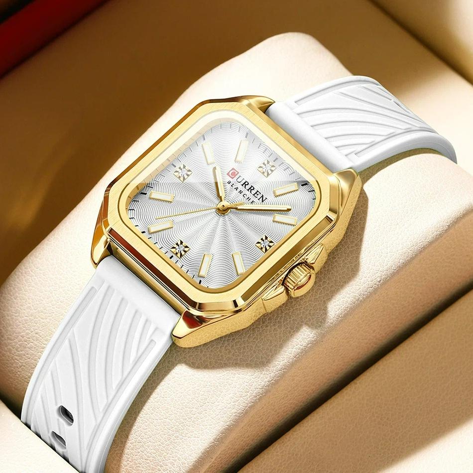 CURREN Elegant Women's Watches Luxury Women's Fashion Quartz Watches Silicone Band Square Dial Watches Ideal Gift for Women