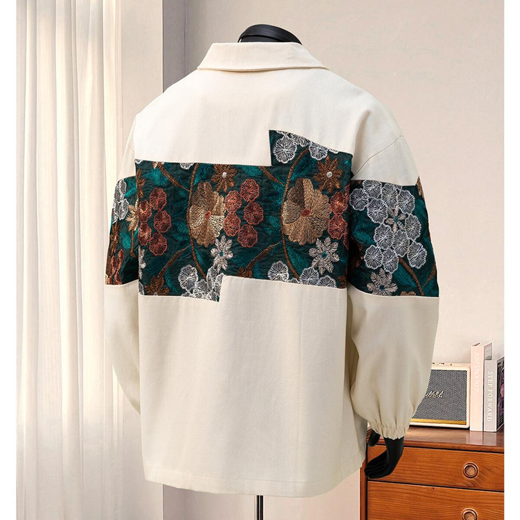 Men Apricot Patchwork Jacket Men Casual Turn Down Collar Outerwear Male Hip Hop Loose Coat Men Vintage Floral Embroidery Jacket