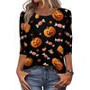 Women Casual Halloween Print Three Quarter Sleeve Round Neck Top Lightweight Comfortable Fit Fashionable Shirt for Everyday Wear