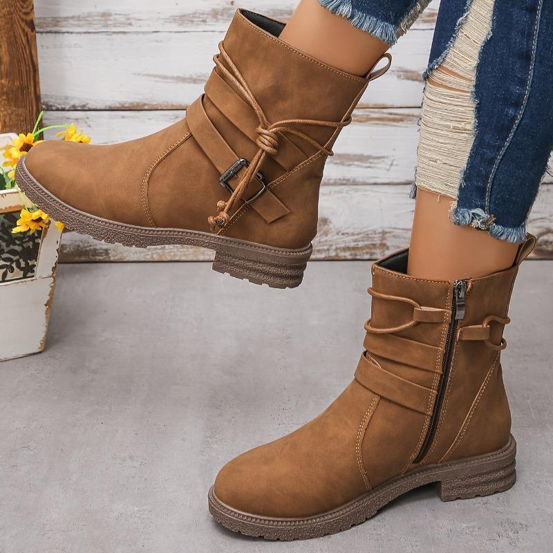 Autumn and Winter New Round Toe Side Zipper Low Heel Plus Size Short Boots, Flat Bottom, Belt Buckle, Suede Midsole Boots
