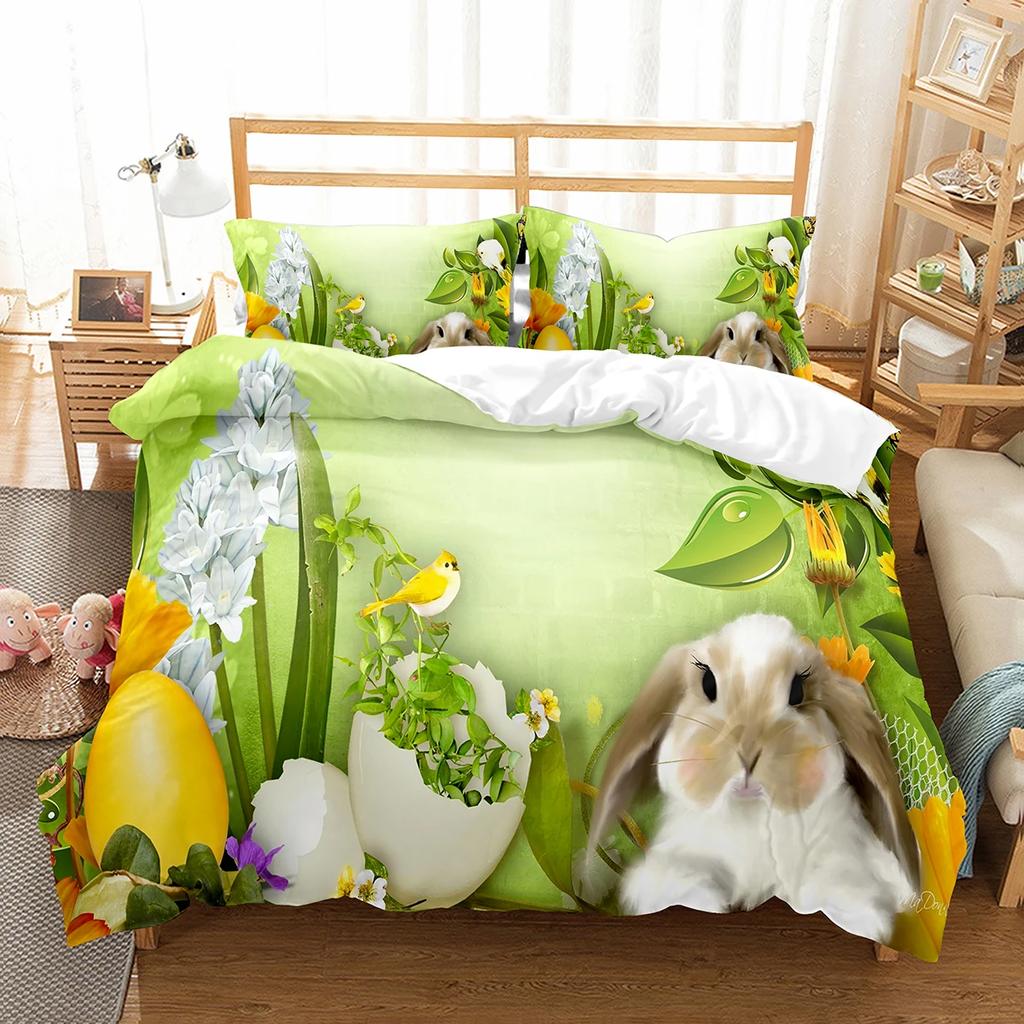 Happy Easter Duvet Eggs Rabbit Pattern Polyester Comforter Cover Festival Gifts for Kids Boys Girls Bedding Set with Pillowcase