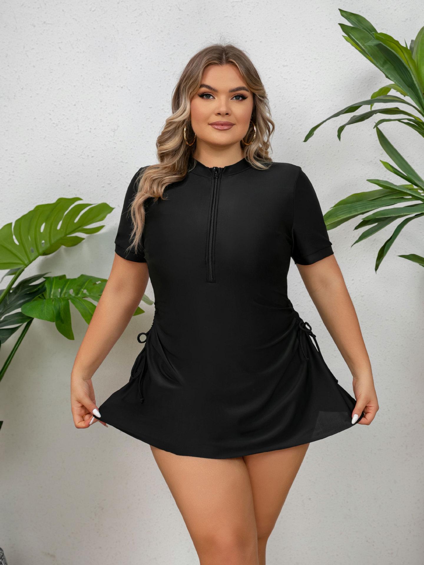 

Женский танкини большого размера на молнии с треугольными плавками и кулиской 3XL чёрный