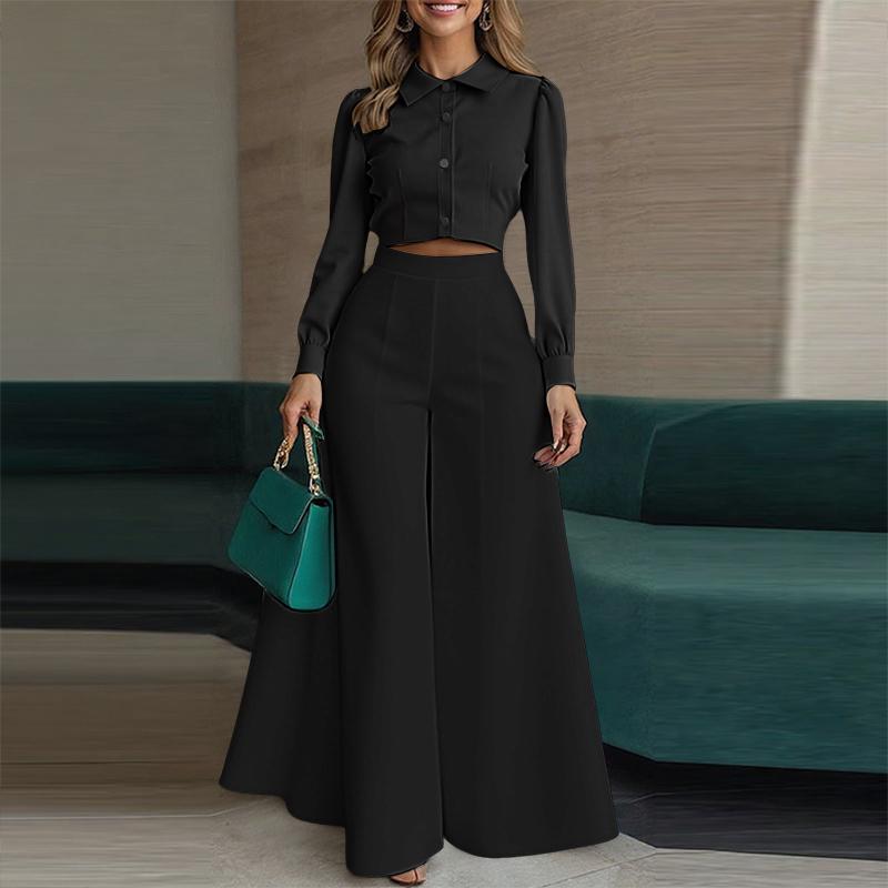 

ZANZEA Женский кроп-топ с длинным рукавом и брюки с широкими штанинами, повседневный костюм-двойка S чёрный