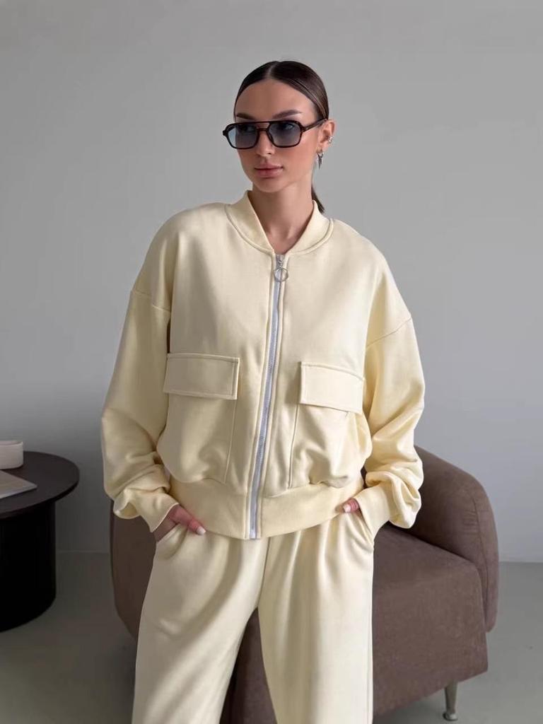 Women's Solid Color Zipper Pocket Sports Jacket & Pants Set - Casual Long Sleeve Two-Piece for Spring/Autumn 2026