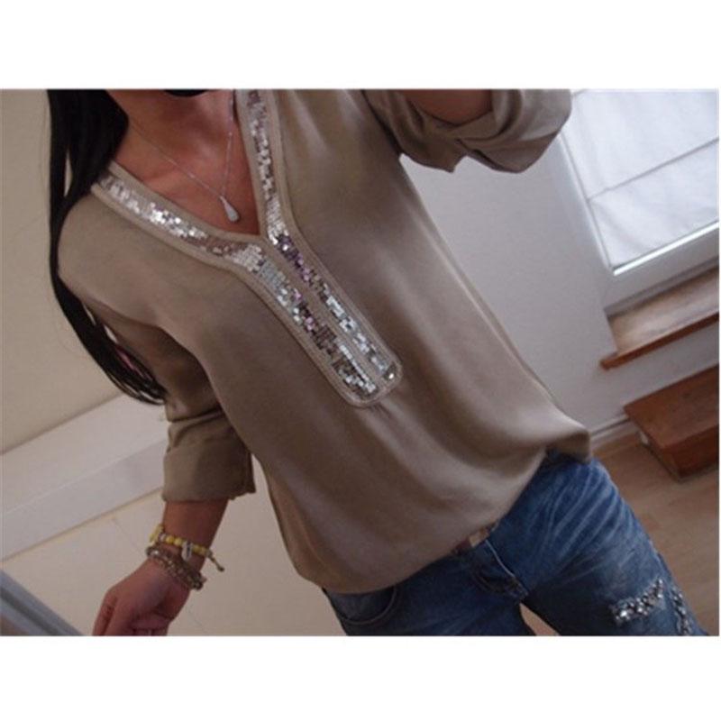 

Sleeve Womens Long Sequins Vneck Tops Blouse Ladies Casual T Shirt Plus Size Tag 3XL=US XL хакі