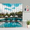 Swimming Pool Printed Shower Curtain Exercise Hobby Leisure Activity Theme Waterproof Fabric Bathroom Decor Screen with Hooks