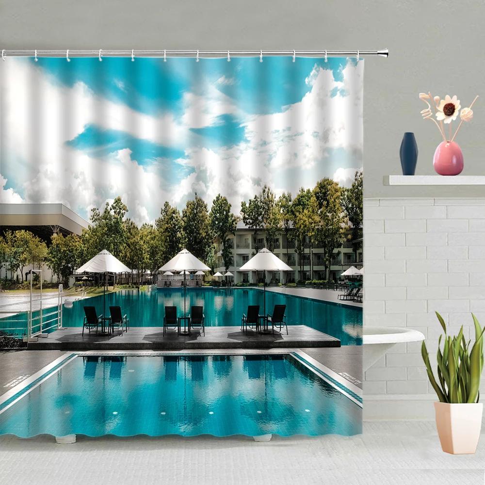 Swimming Pool Printed Shower Curtain Exercise Hobby Leisure Activity Theme Waterproof Fabric Bathroom Decor Screen with Hooks
