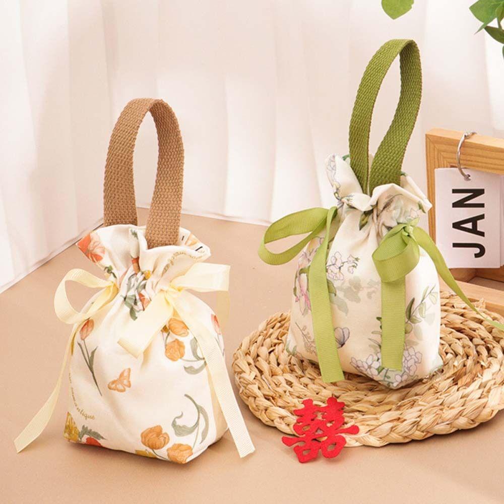 Floral Canvas Drawstring Bag Bird Bowknot Handbag Elegant Small Flower Wrist Bag  Festival