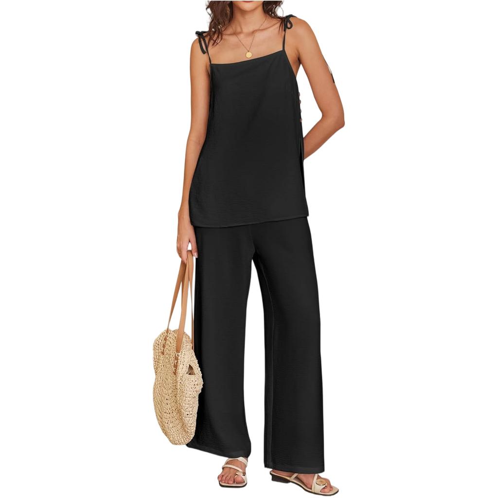 Women's Casual Summer Cotton And Linen Fashion Thin Shoulder Strap Vest Pants Set