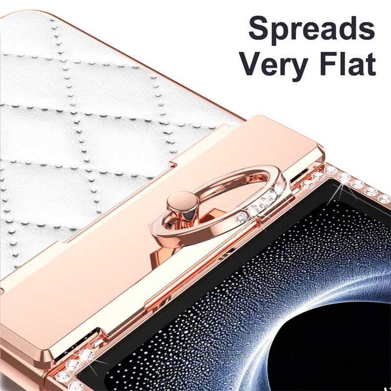 For Samsung Galaxy Z Flip7 5G PU Leather Plating Glitter Bling Diamond Ring Hinge Phone Case Screen Protect Film ShockproofCover