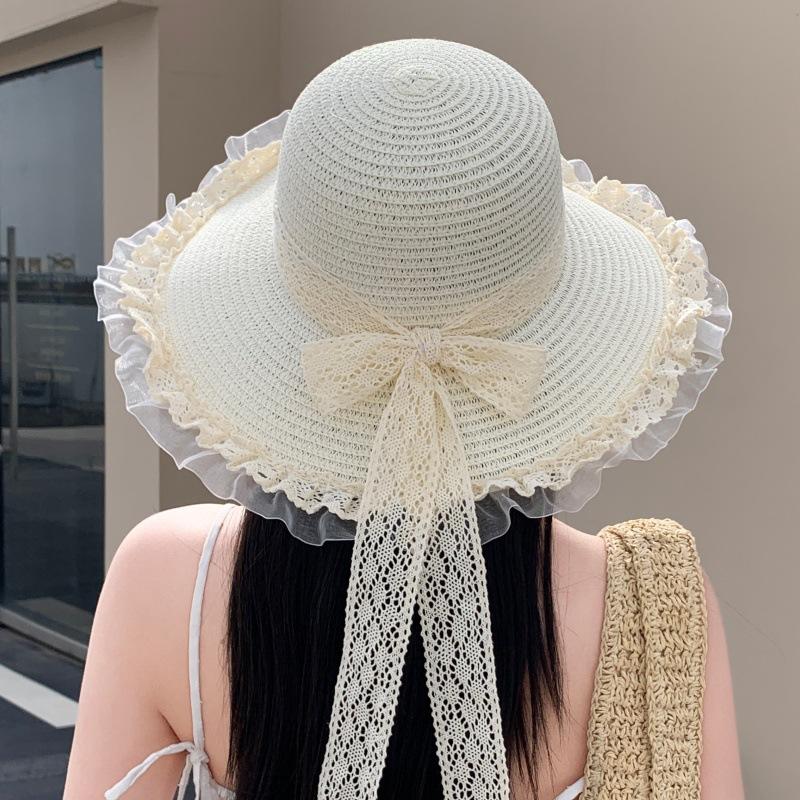 French sweet bow lace straw hat women's summer seaside vacation beach hat outdoor photo shade sun protection hat