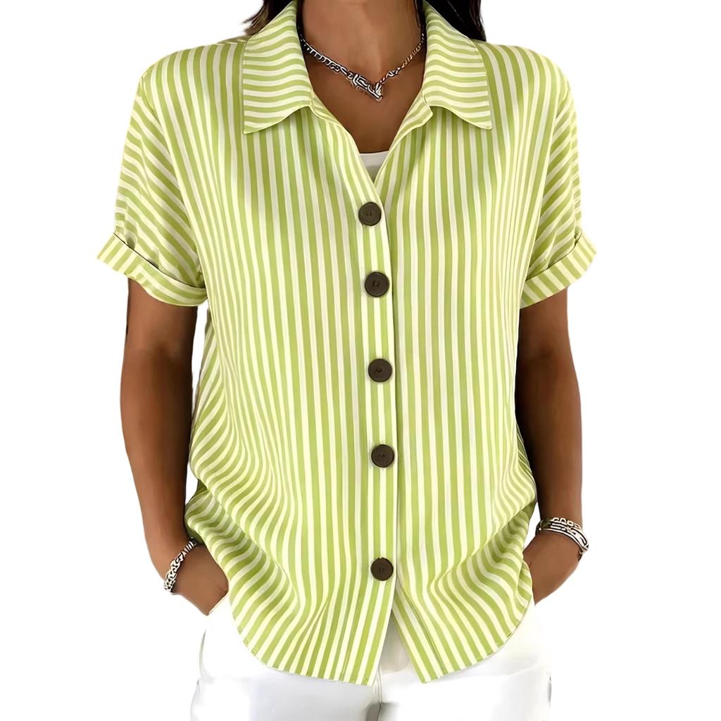 Women Casual Button Down Shirt Short Sleeve Striped Pattern Lightweight Relaxed Fit Blouse Suitable for Everyday Wear and Outdoor Activities