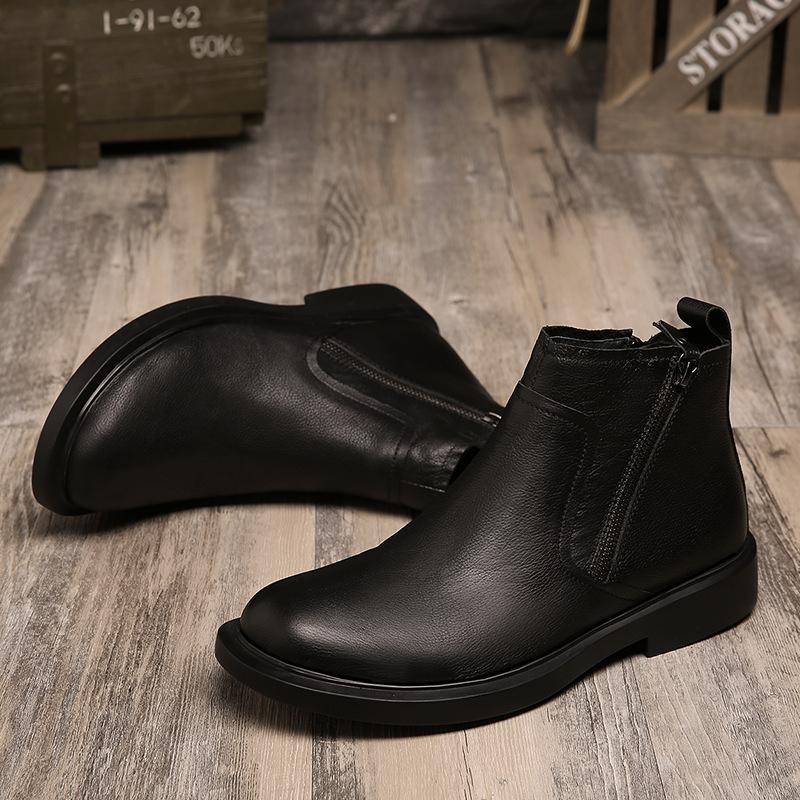 Men'S Boots Round Head Zipper Leather Chelsea Boots Korean Version Retro Ankle Warm Boots Men British Style M920