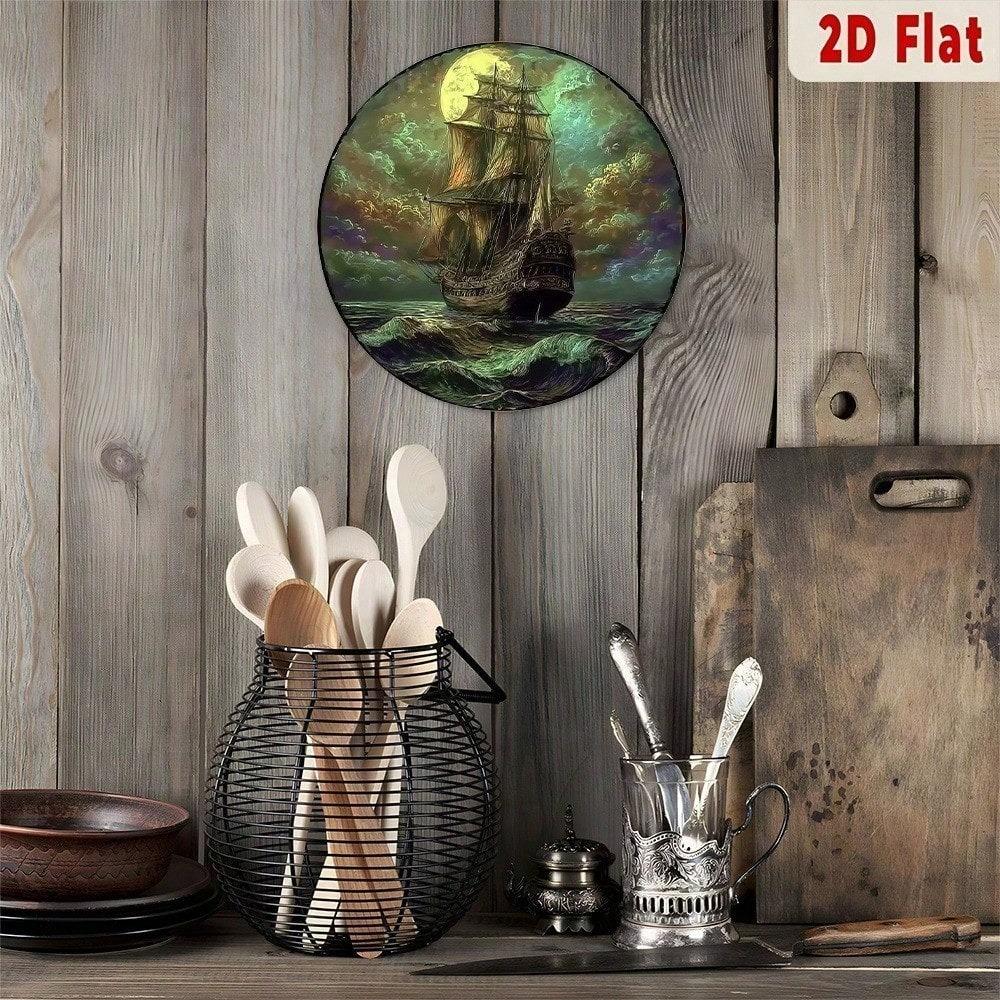 Vintage Moonlit Sailing Ship Metal Wall Art Nautical Aluminum Decor
