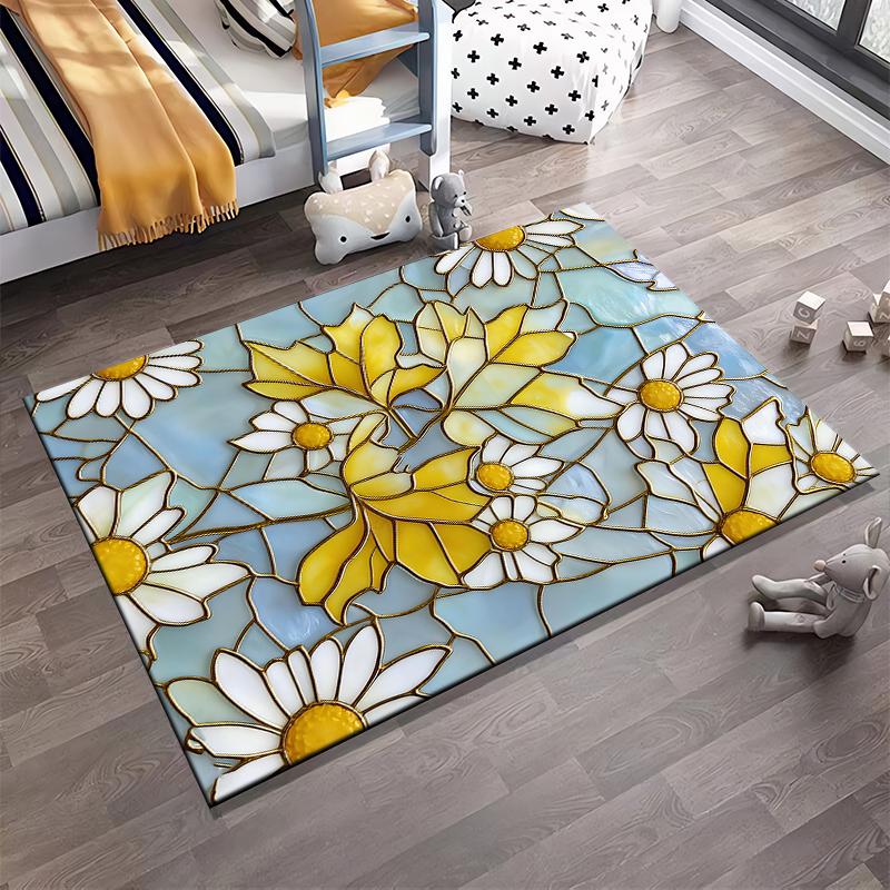 "Buntglas-Stil Teppich mit Gänseblümchen und gelben Blättern Muster" Geeignet für die Verwendung als Antirutsch für Wohnzimmer Schlafzimmer Sofas