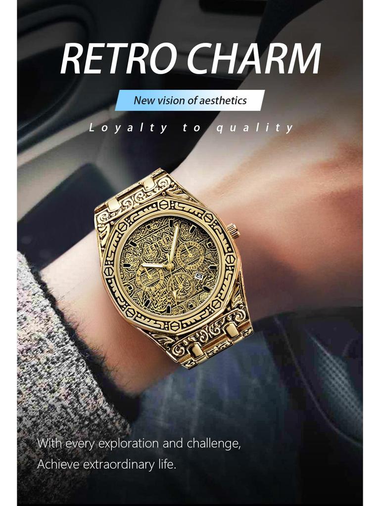 Luminous Men's Quartz Watch with Steel Band, Waterproof, Calendar, Fashion Three-Hand Design.