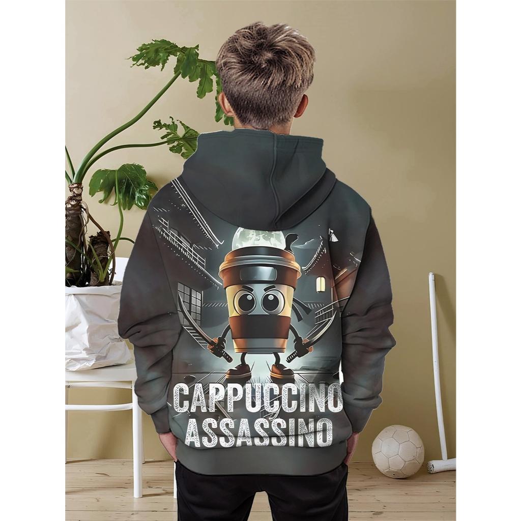 Boys' Fashion Hoodie - Cappuccino Ninja Coffee Cup Print, Oriental Mystery Atmosphere Digital Design, Long Sleeve Hoodie