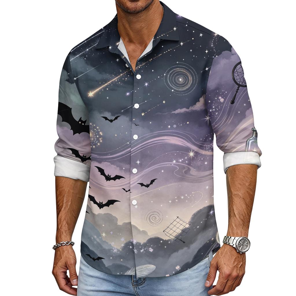 Men's Loose Fit Long Sleeve Shirt Halloween Design Breathable Casual Vintage Style Button Down Shirt for Spring and Autumn Outdoor Workwear