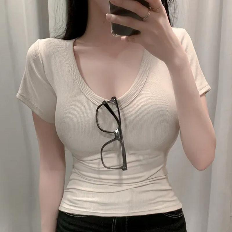 T-shirt Coréen pour Femme à Col en V, Coupe Ajustée, Manches Courtes