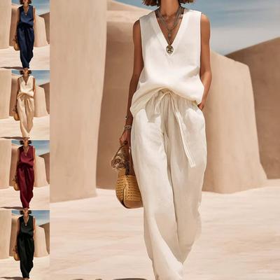 Women's V Neck Sleeveless Top and Drawstring Wide Leg Pants 2 Piece Linen Outfit Set