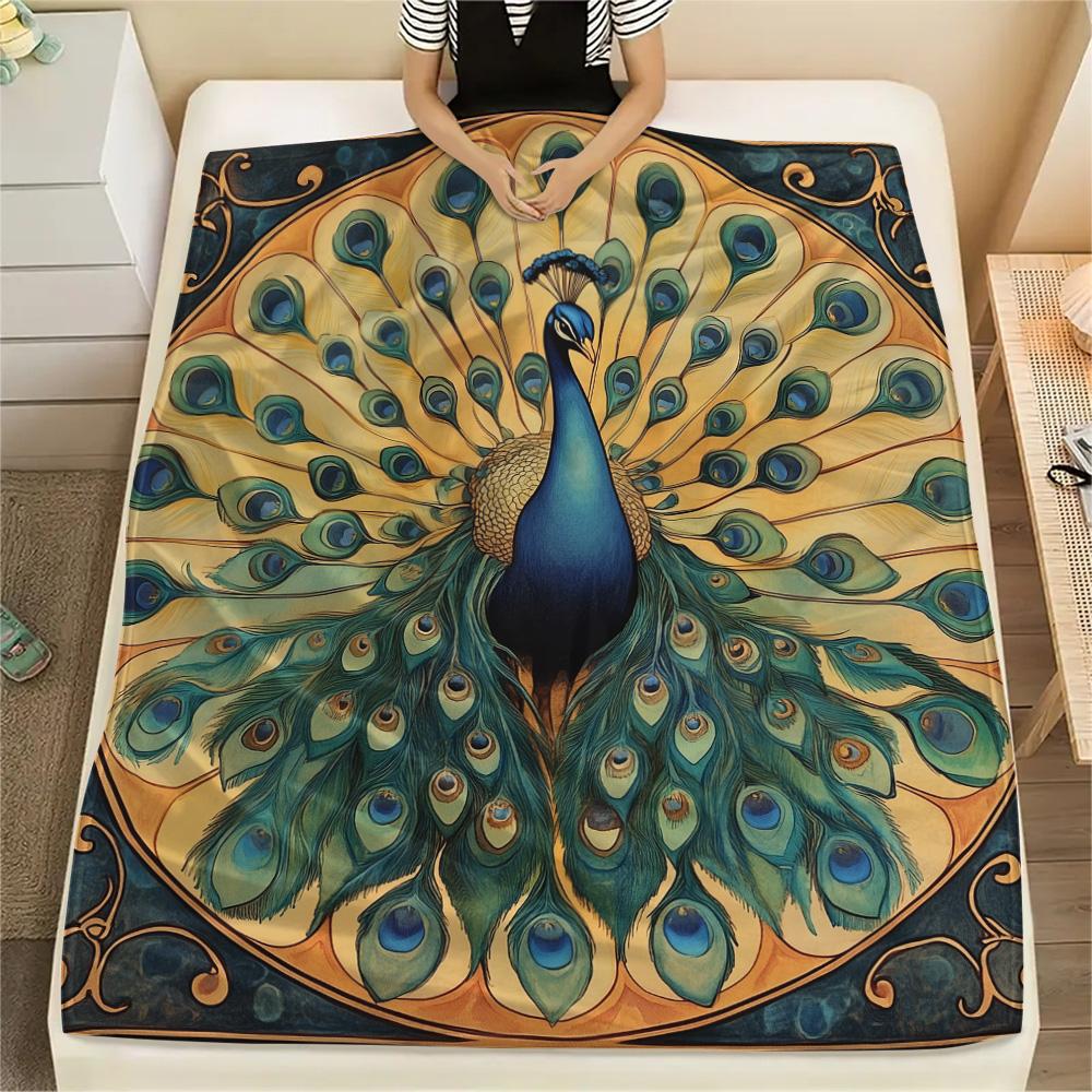 Peacock with Fanned Tail Print Flannel Blanket, High quality Comfortable for All Seasons, Home Decor, Warmth and Comfort