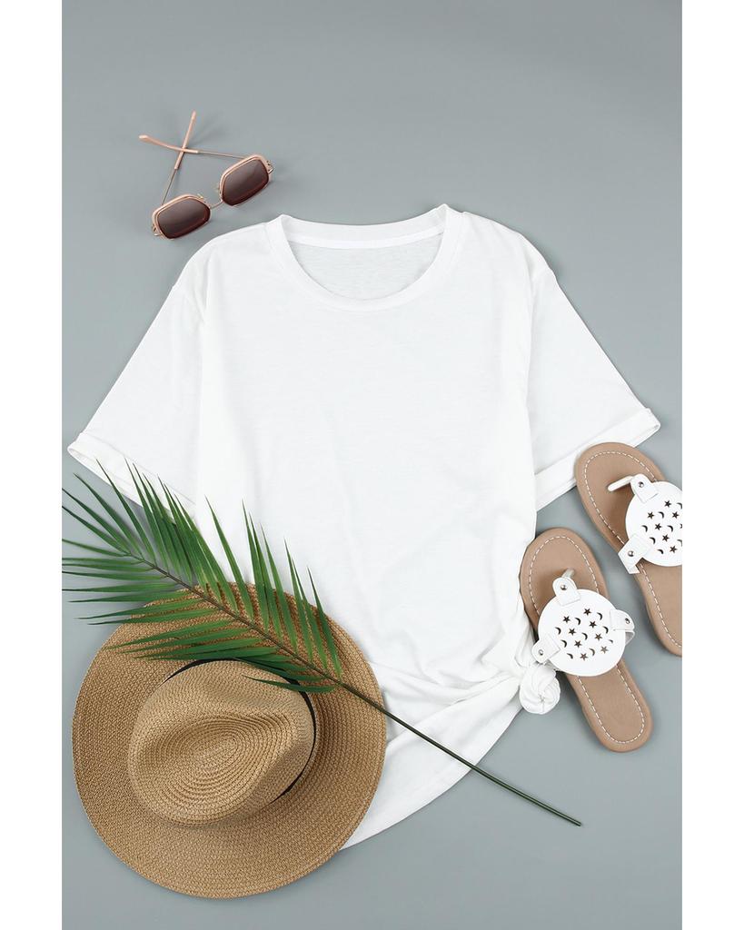 Azura Exchange White Round Neck Rolled Sleeve Plus Size T-shirt