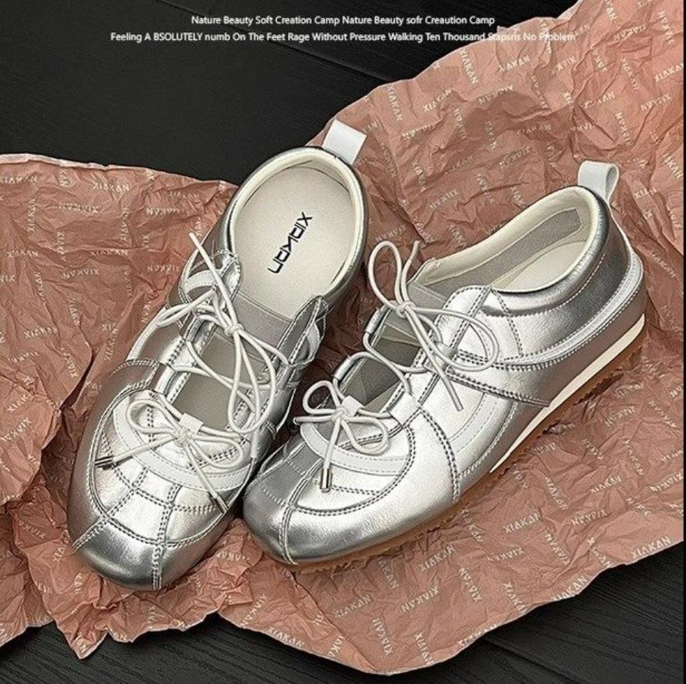 Silver Mary Jane shoes, lazy single shoes, soft soles are not tired feet 2025 new models, inner height increase 5cm ballet training shoes for women