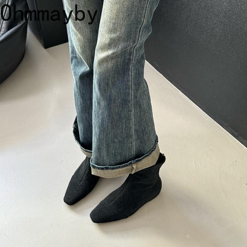 Vintage Wollstoff Damen Stiefeletten mit dickem Absatz Mode Tanzpartyschuhe Herbst Winter Damen Schlanke Kurze Stiefeletten