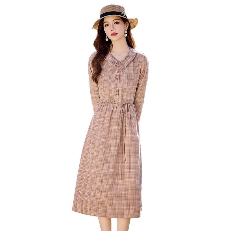 2025 Spring Women's Plaid Waist-Slimming Long Sleeve Dress with Turn-Down Collar