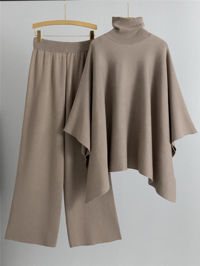 Women's Autumn Winter High Neck Cloak Sweater & Wide Leg Pants Set