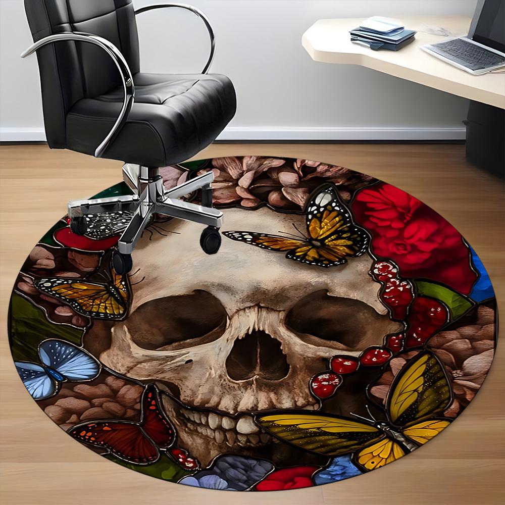 1pc Floral Skull Artwork Chair Carpet for Office Non-Slip, Machine Washable Rug for Office, Room - Holiday Decor, Machine Made Yy251016136