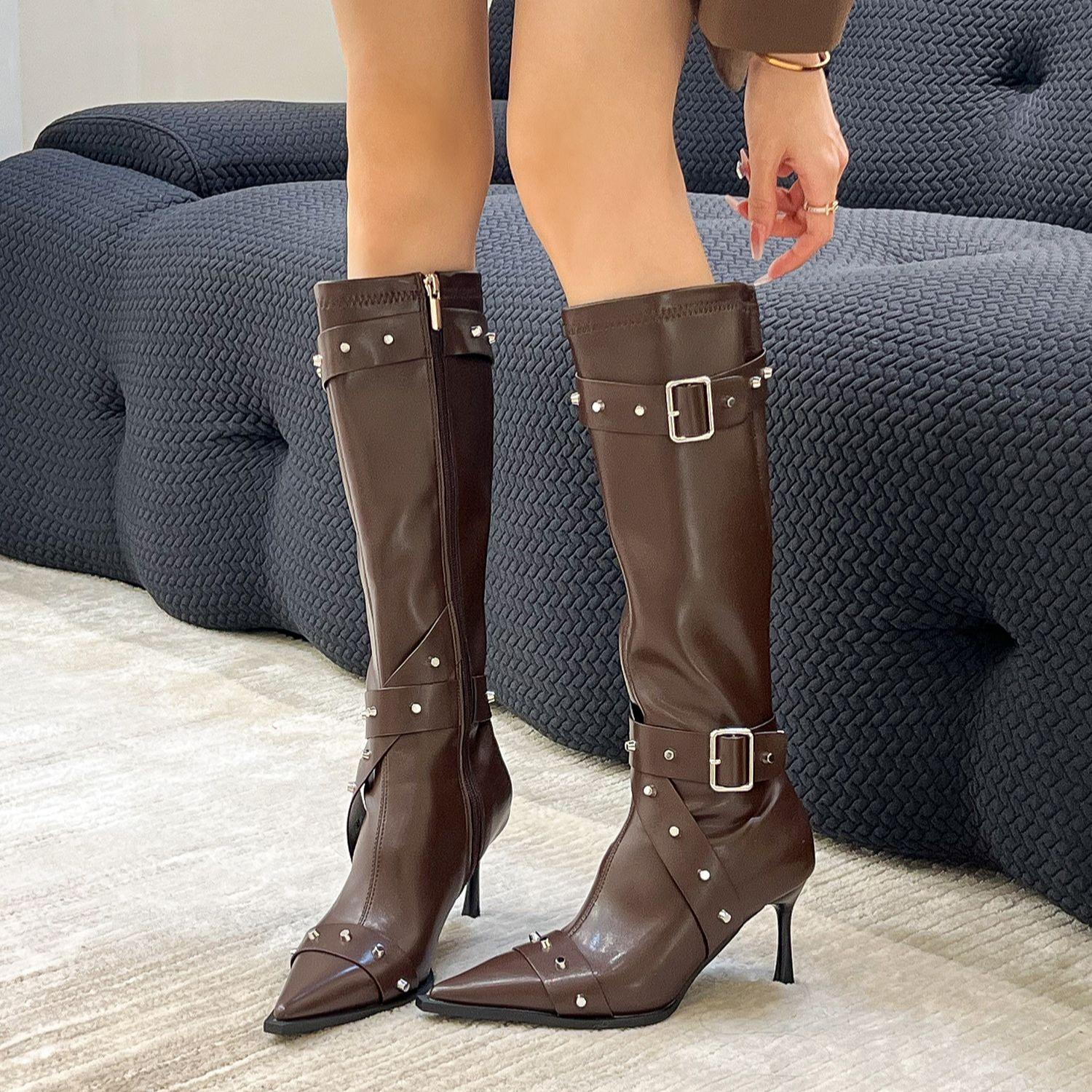 

Женские сапоги на высоком каблуке с острым носком, длинные, для женщин, сексуальные туфли в стиле панк-готика, парижские европейские и американские женские сапоги для вечеринок 35 коричневый