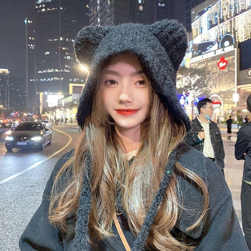 Roztomilá čepice Bear Bear Harajuku Y2K Čepice Módní plyšová pletená čepice Bear Zimní