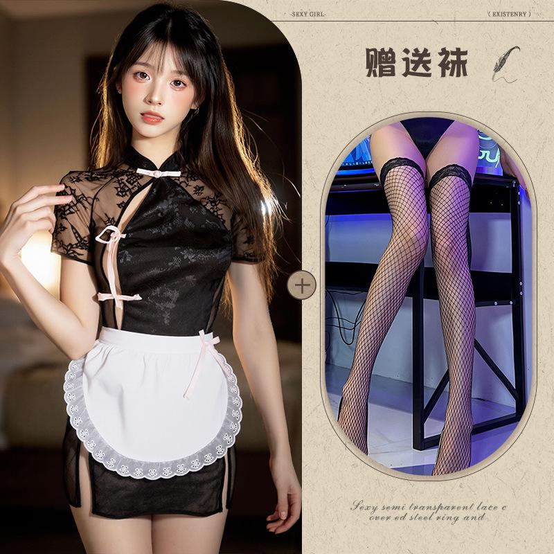 Sexy women's summer new Chinese lace temptation cheongsam uniform nightdress retro hollow back