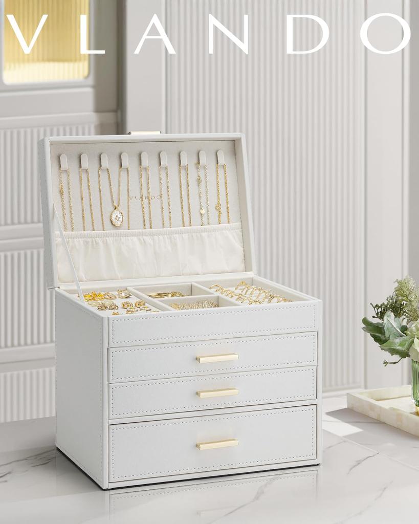 Vlando Large Capacity Jewelry Box with 4 Drawers for Small Items, Earrings, Necklaces, Rings, Watches, and More (White)