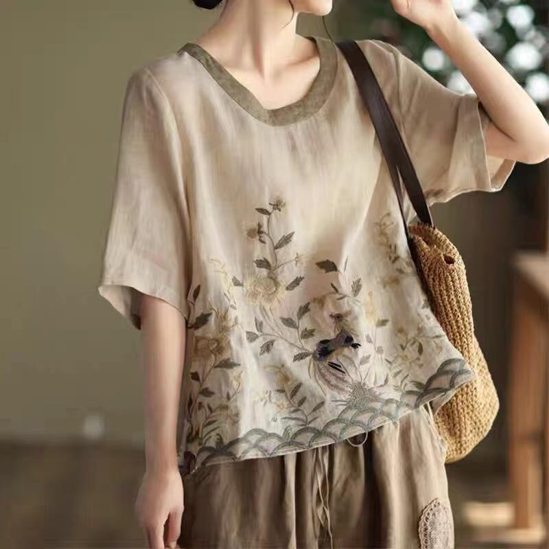 Blusen aus Baumwollleinen mit Blumenstickereien für Damen, klassisch, lockeres chinesisches Hemd, Oberteil, lässig, Retro, Rundhalsausschnitt, kurzärmelig, Sommerhemden