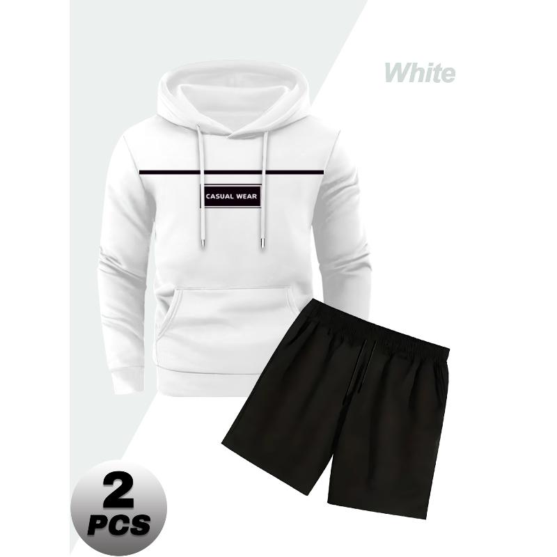 

Мужской спортивный костюм из полиэстера, состоящий из двух частей: толстовки с длинными рукавами и капюшоном на шнуровке, а также шорт с эластичным поясом. Повседневный комплект. XXL белый