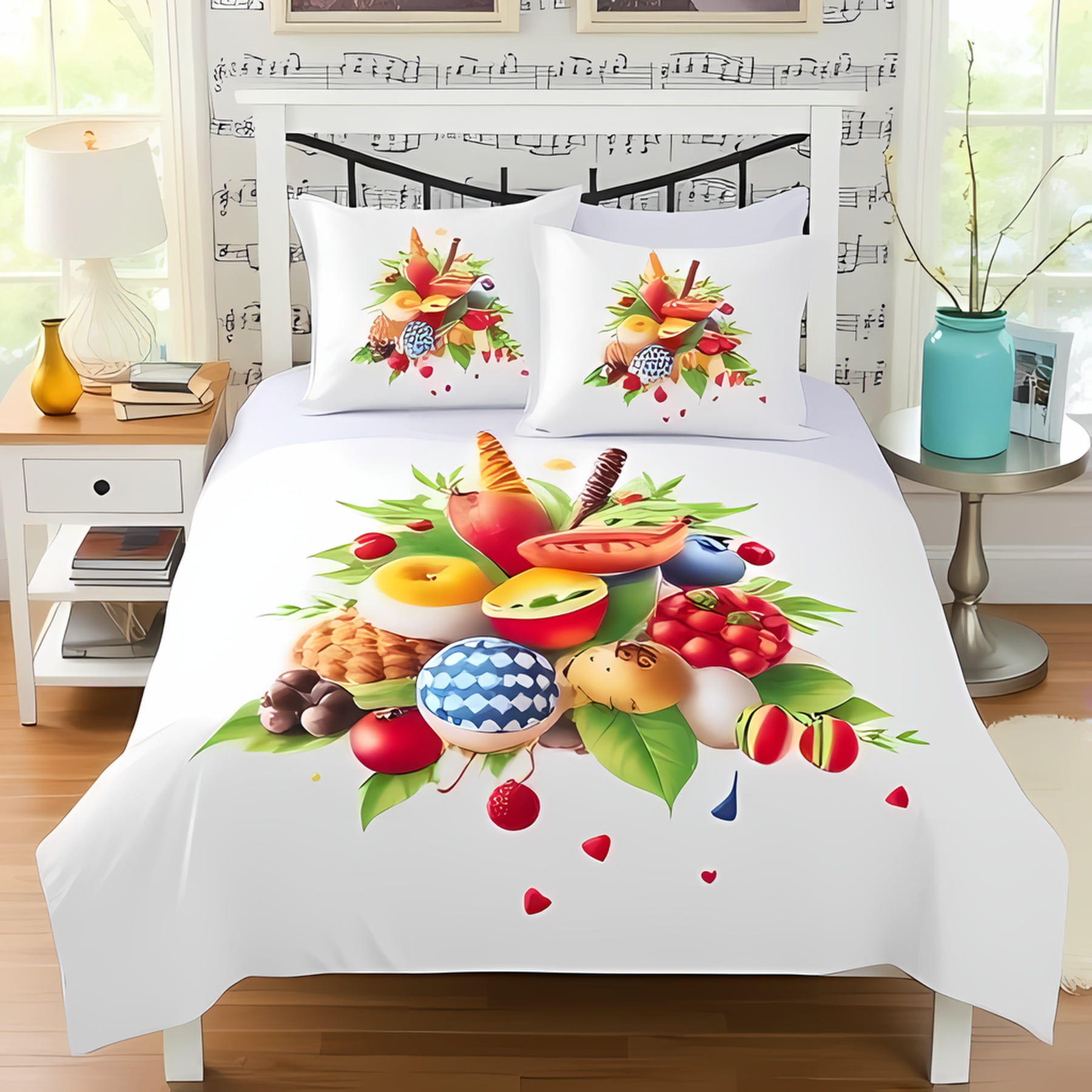 

Soft Duvet Cover Set featuring Playful Fruit Vegetable Ilustrations Uplifting Words Light Gren Background Soft Warm plus Breathable 135*200cm Eu-Single