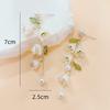 White Tulip Green Leaves Drop Earrings For Women Pearly Lustre Flower Shape Long Tassel Trendy Earrings Y2K French Romantic